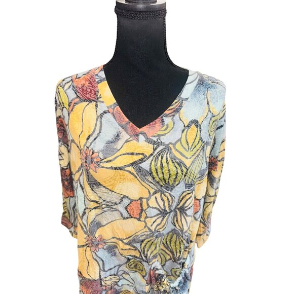 Ali Miles Floral V-Neck Tunic Top Soft Multicolor Asymmetrical Tie Front Casual - Picture 3 of 10
